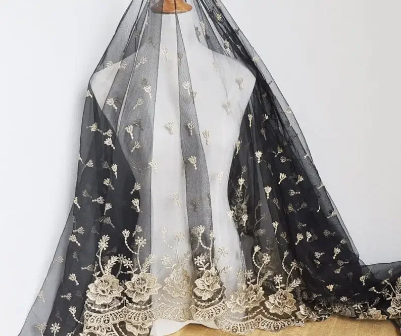 

3 Colors gold flower embroidery Lace fabric floarl soft black tulle Fabric Girl Dress Dress Wedding Dress Bridal Veil 1 Yard