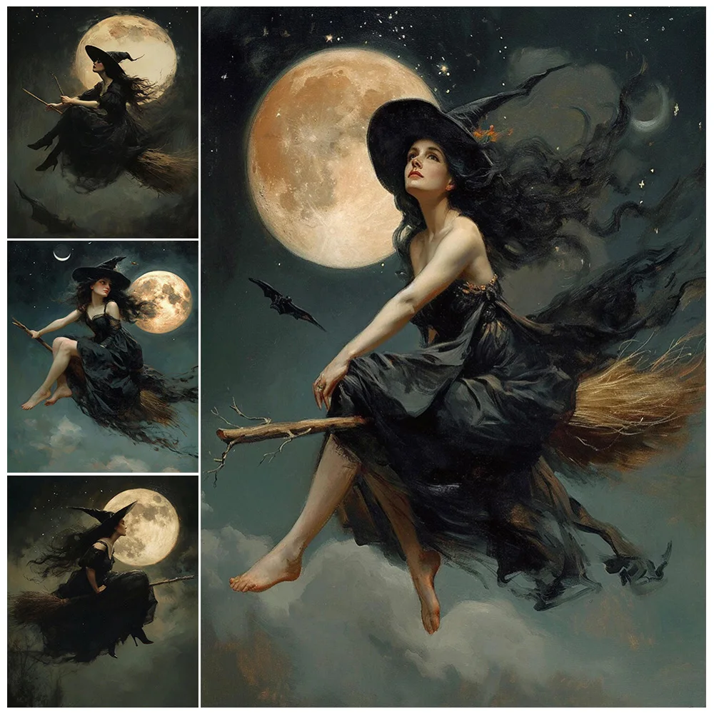 

Full Moon Witch Haunts,Vintage Wall Art Canvas Painting Young And Beautiful Witch Is Flying,Art Poster Print Home Decor Unframed