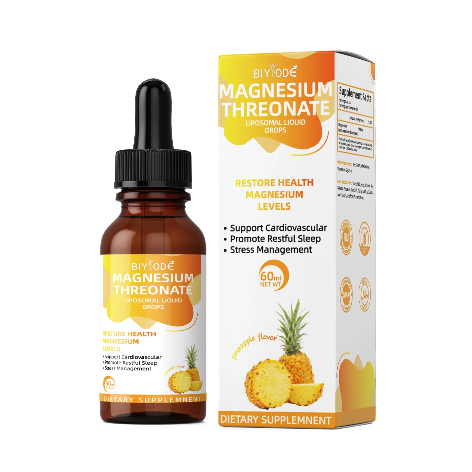 Pineapple Flavored Magnesium Supplement 60ml 145g for Adult Cardiovascular Function Energy Metabolism Anxiety Depression Immunit
