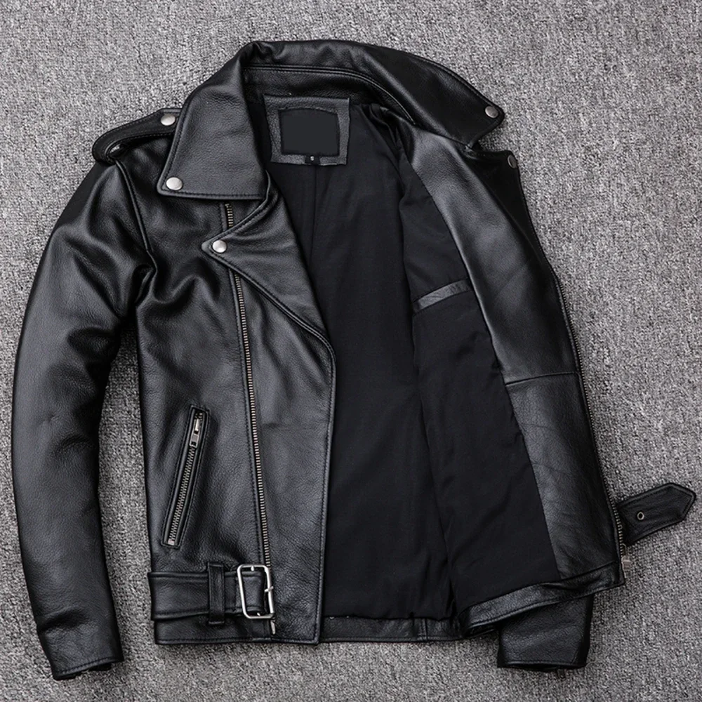 2024 Classical Spring Motorcycle Oblique Zipper s Men Leather Natural Calf Skin Thick Slim Cowhide Moto Biker Jacket Man