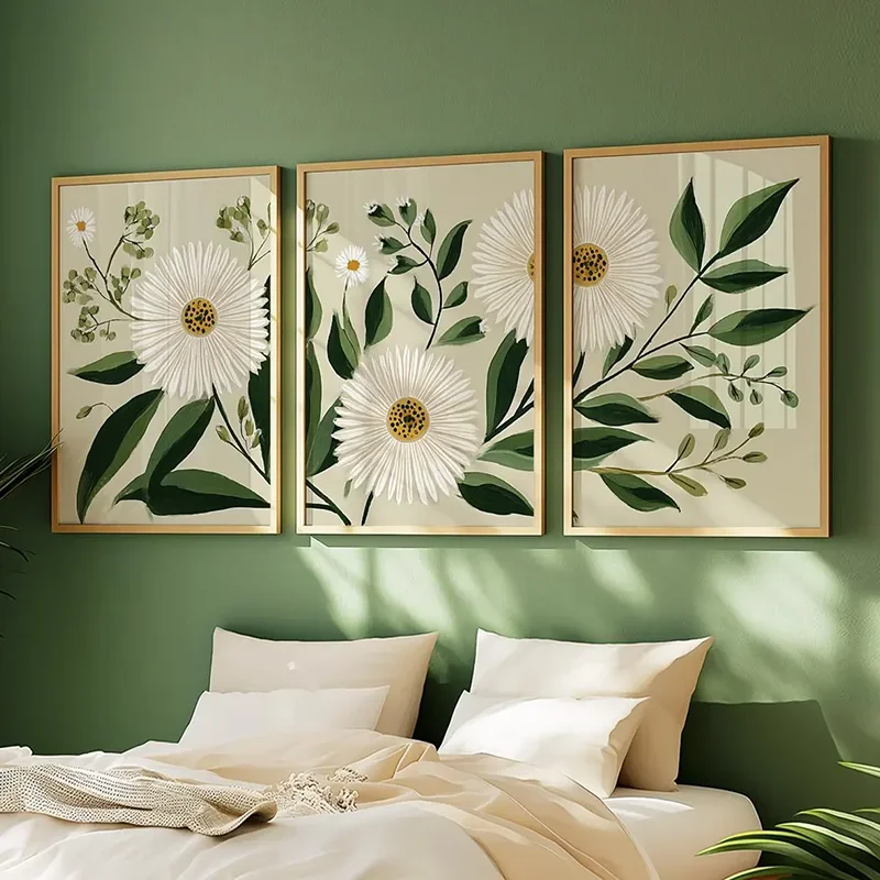 Multiple sizes 3pcs frameless Canvas Painting 3PCS White Daisy Botanical Wall Art  Green Floral Triptych Posters  Minimalist Bot