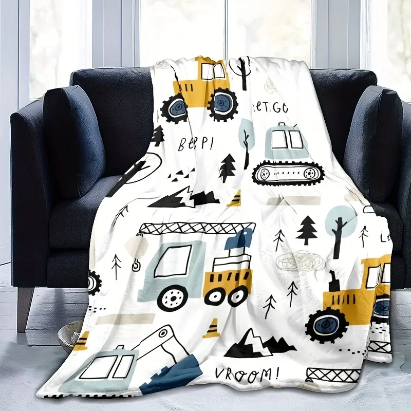 The cartoon excavator print blanket is suitable for all seasons, warm and comfortable, perfect for sofa, nap, camping