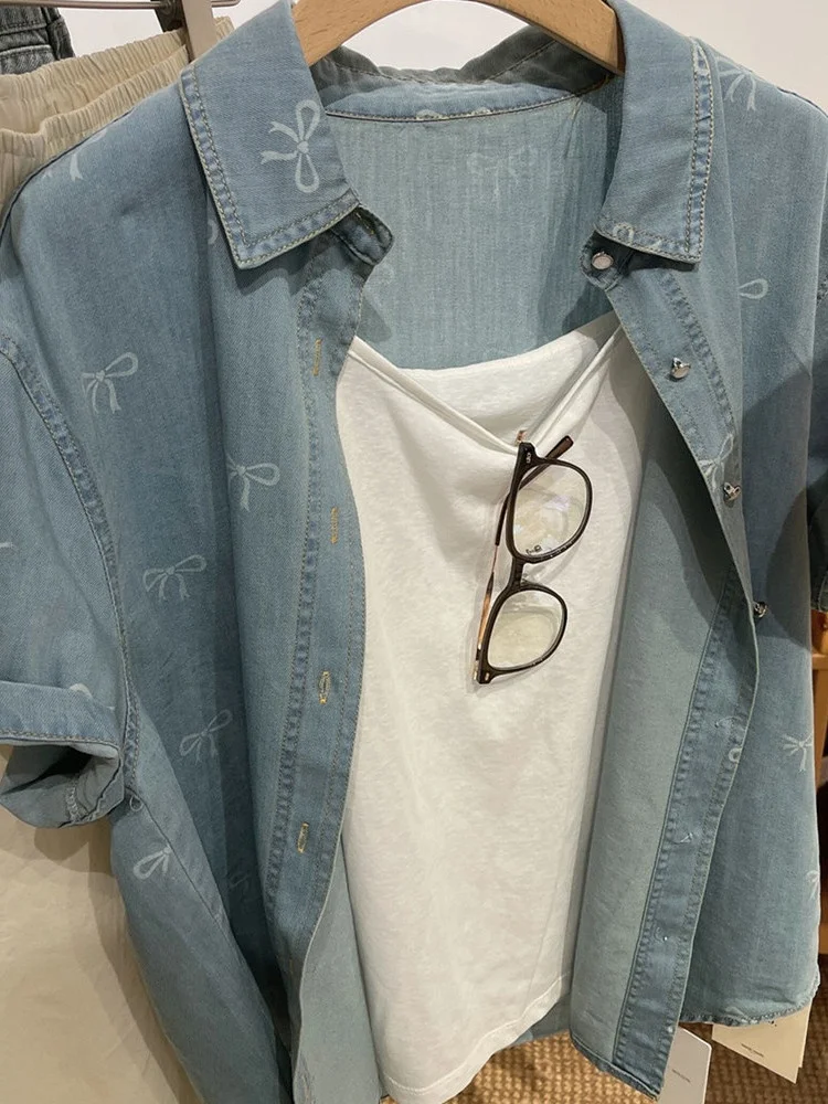 

Loose Casual Denim Shirt Knot Print Short Sleeve Outerwear Fashionable New Style 2025 Women's Collar Button up