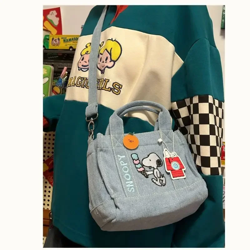 Snoopy Denim Cloth Shoulder Bag For Women Cartoon Embroidery Tote Handbag Female Large Capacity Shopping Bag Girls Crossbody Bag