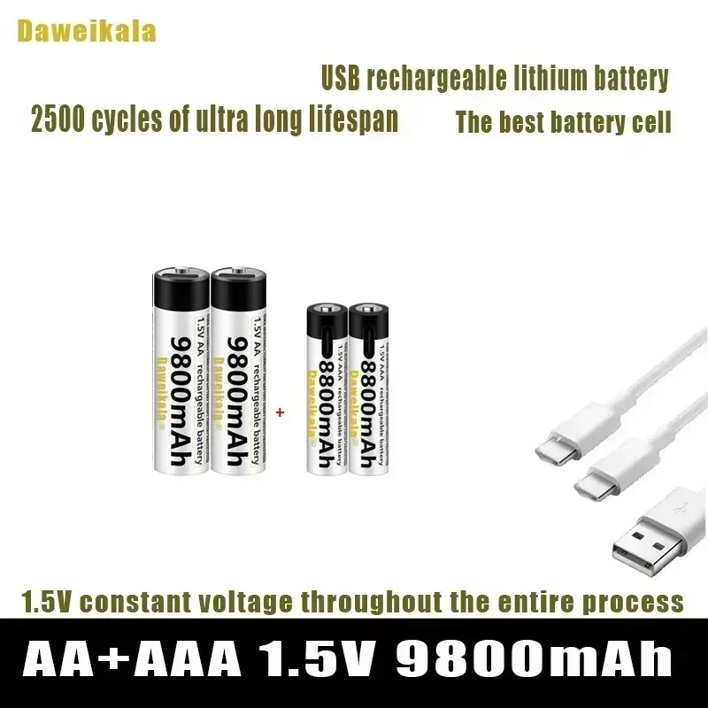 Batería recargable USB AA + AAA de 1,5 V, baterías de iones de litio AA 9800mAh/AAA 8800mAh para juguetes, reloj, reproductor MP3, termómetro + Cable