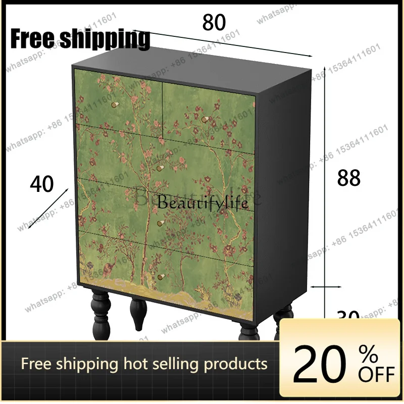 JJ -Medieval green decorative cabinet living room multi-layer drawer bedroom large capacity solid wood tall cabinet