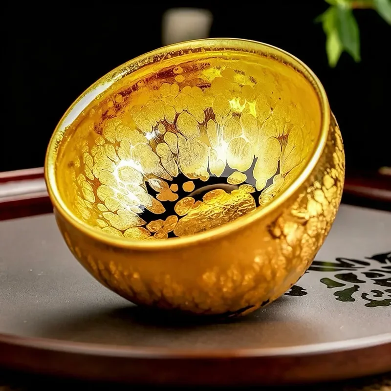 Pure Handmade Golden Master Vessel, Famous Oil Drop Craft Ceramic Single Bowl, Household Gift Collection