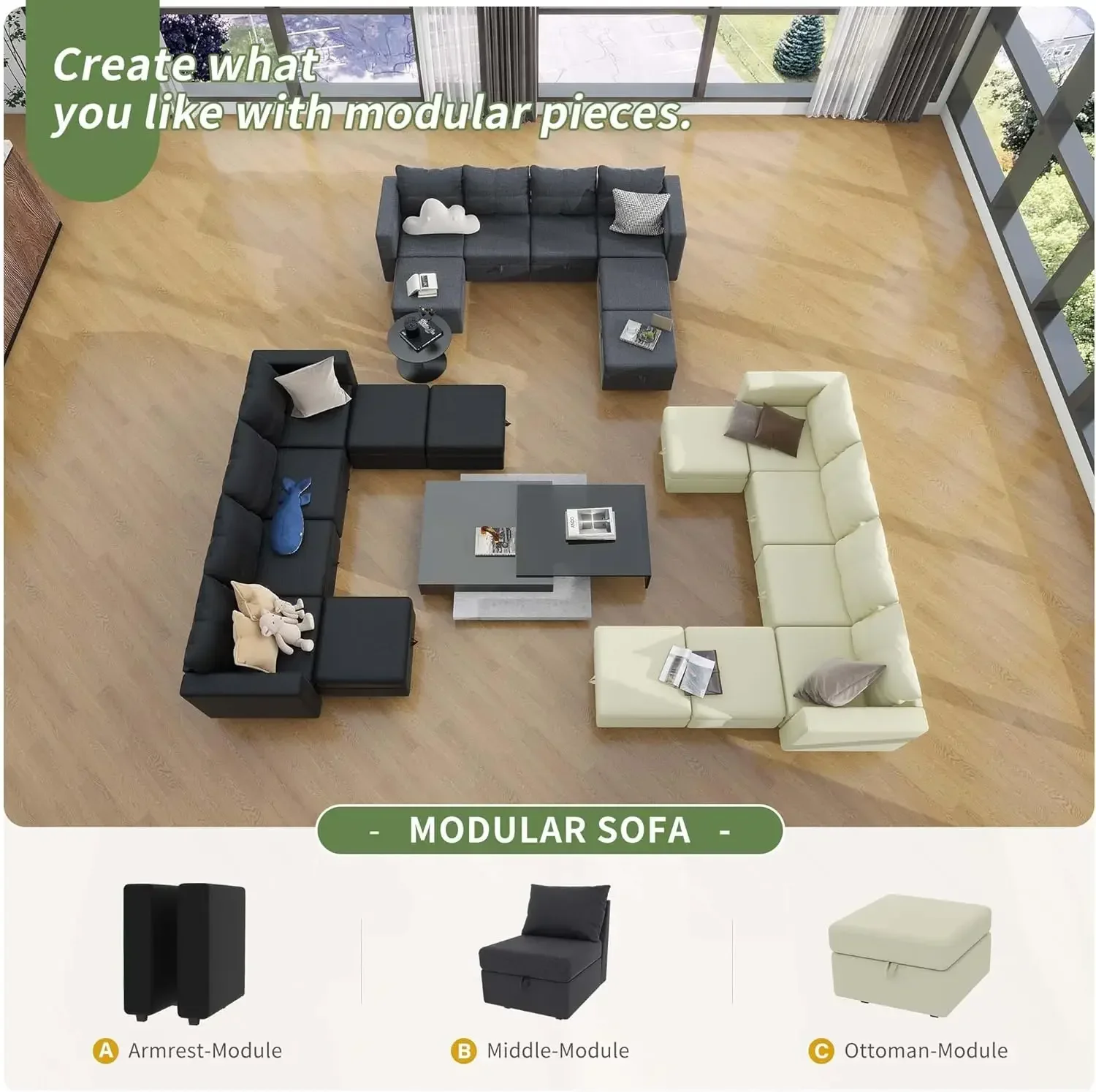 Sectional Couches Modular Sofa with Storage Ottomans  Couch Set with Storage Seat Modular Couch Sofa Polyester Black