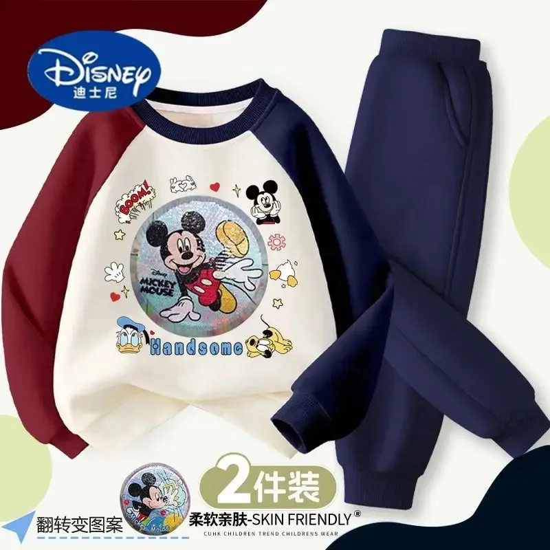 طقم هودي لامع للأولاد مكون من قطعتين من ديزني - طباعة ميكي متغيرة الألوان 2025 زي كرتوني جديد للخريف للأطفال الكبار