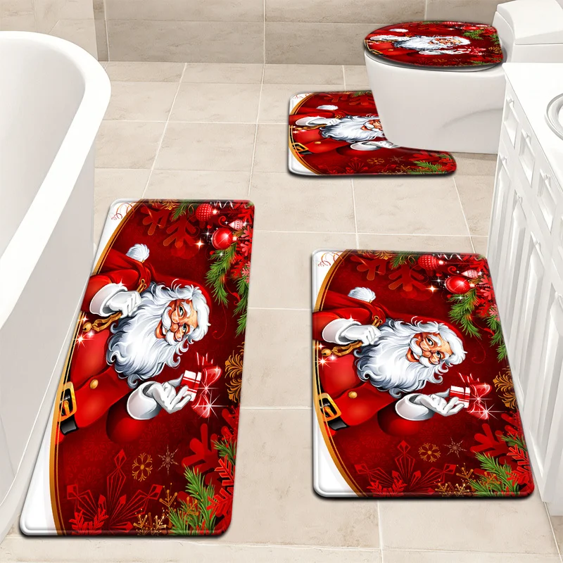 VIKAMA Christmas Bathroom Mat Set, Non-Slip Santa Print U-Shaped Toilet Mat, Absorbent Floor Rug for Kitchen Entryway Decor