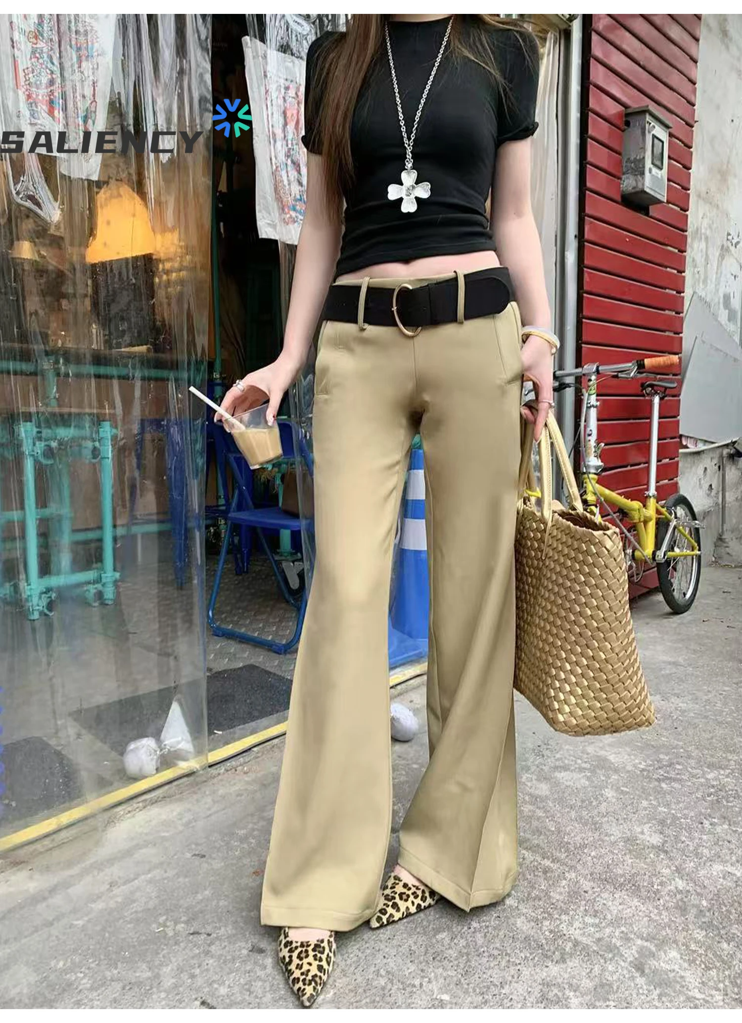 American Style Vintage Low Rise Flare Pants for Women Streetwear Y2K Aesthetic Cargo Trousers Black/Gray/Khaki