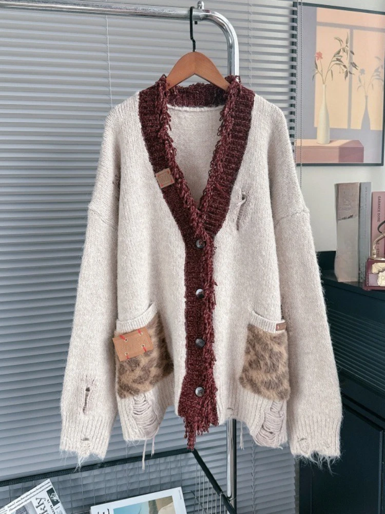 

American Vintage Cardigan V Neck Leopard Pockets Hole Tassel Design Sweaters High Street Knit Tops Casual Loose Women's Clothing