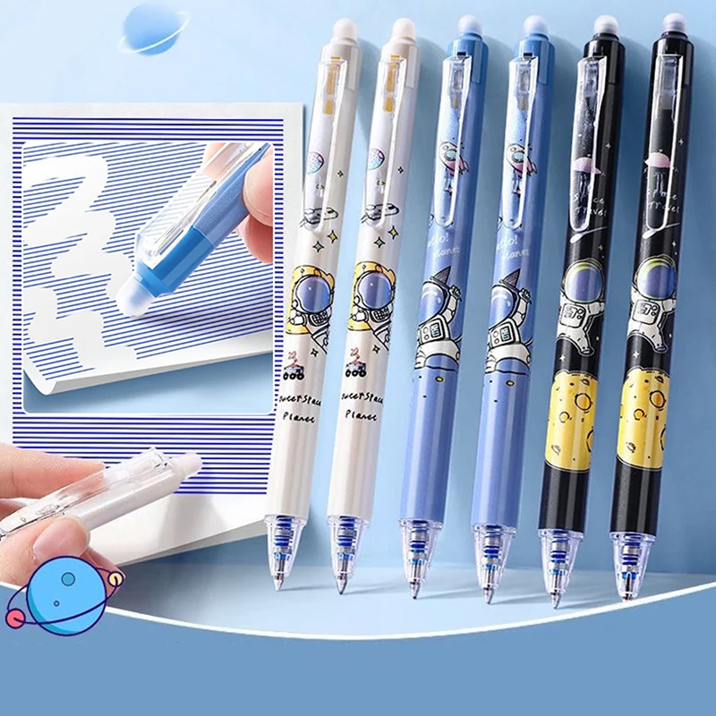 New! Cute Anime Cartoon Astronaut Erasable Gel Pen Set with Ink Refill 0.5mm Black Blue Kawaii Stationery Kids School Supplies