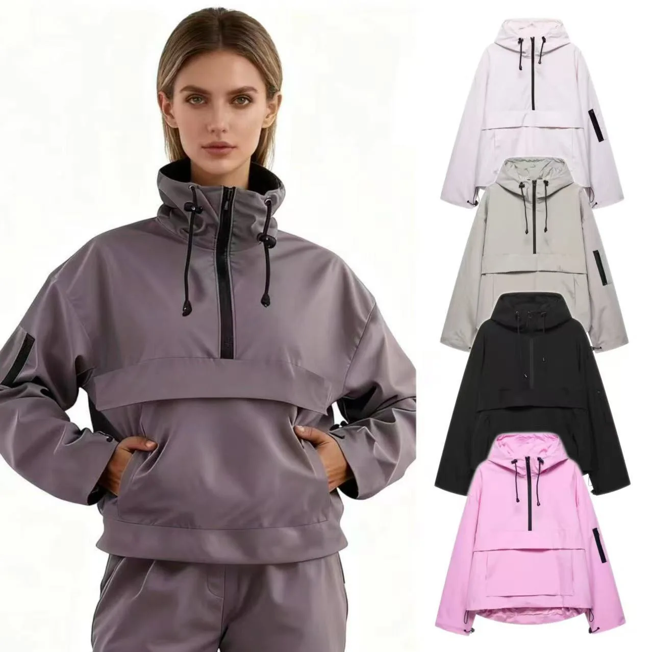 Casual Sporty Women's Hooded Jacket Midweight Polyester Fiber Zipper Closure Comfortable Leisure Cross-Border Style Top