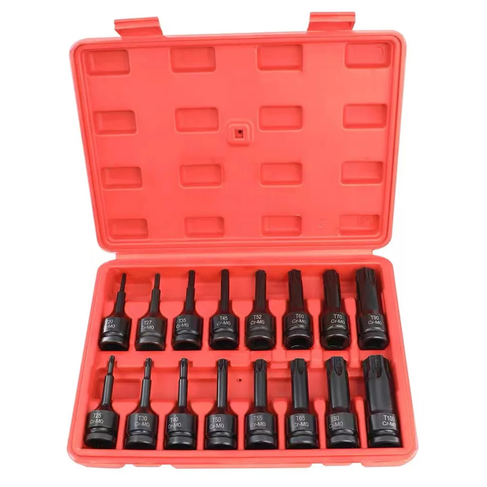 

16 Pcs Impact Torx Bit Socket Set 1/2" Drive Long T20 T25 T27 T30 T35 T40 T45 T50 T52 T55 T60 T65 T70 T80 T90 T100 Star Set