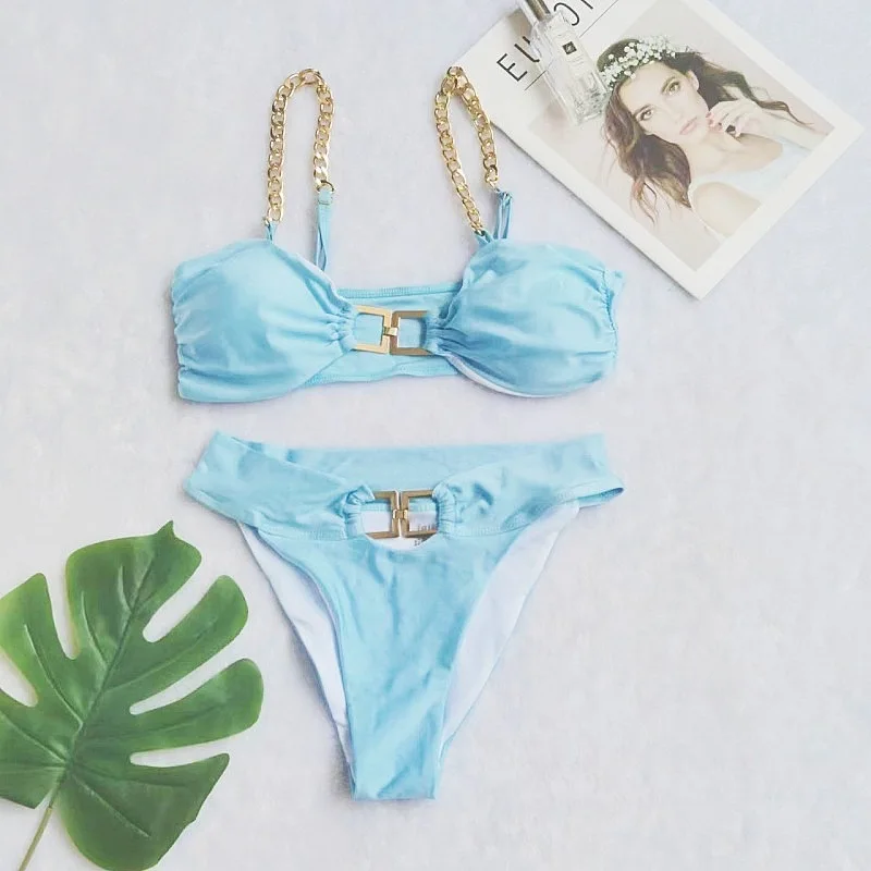 Sexy three-piece bikini swimsuit, sleeveless, adult, with metallic accessories, women's two-piece tight-fitting swimwear