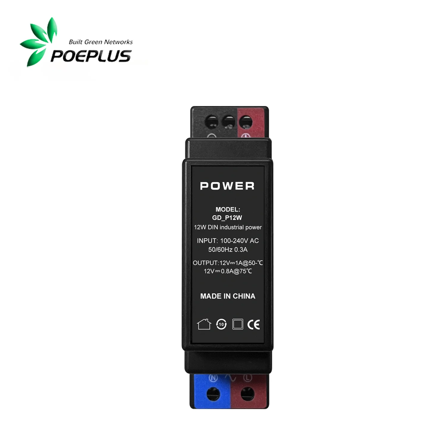 12W/24W Industrial grade DIN Power Supply ,100-240Vac in 12Vdc out ,3KVAC line to line lightning protection