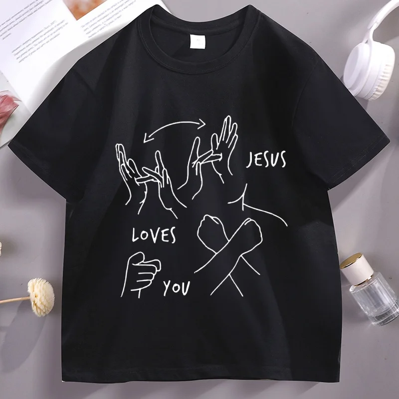

Jesus Loves You ASL Sign Language T Shirt Christian Faith Bible Verse Religious T-shirt Casual Short Sleeve Round Neck Tshirt