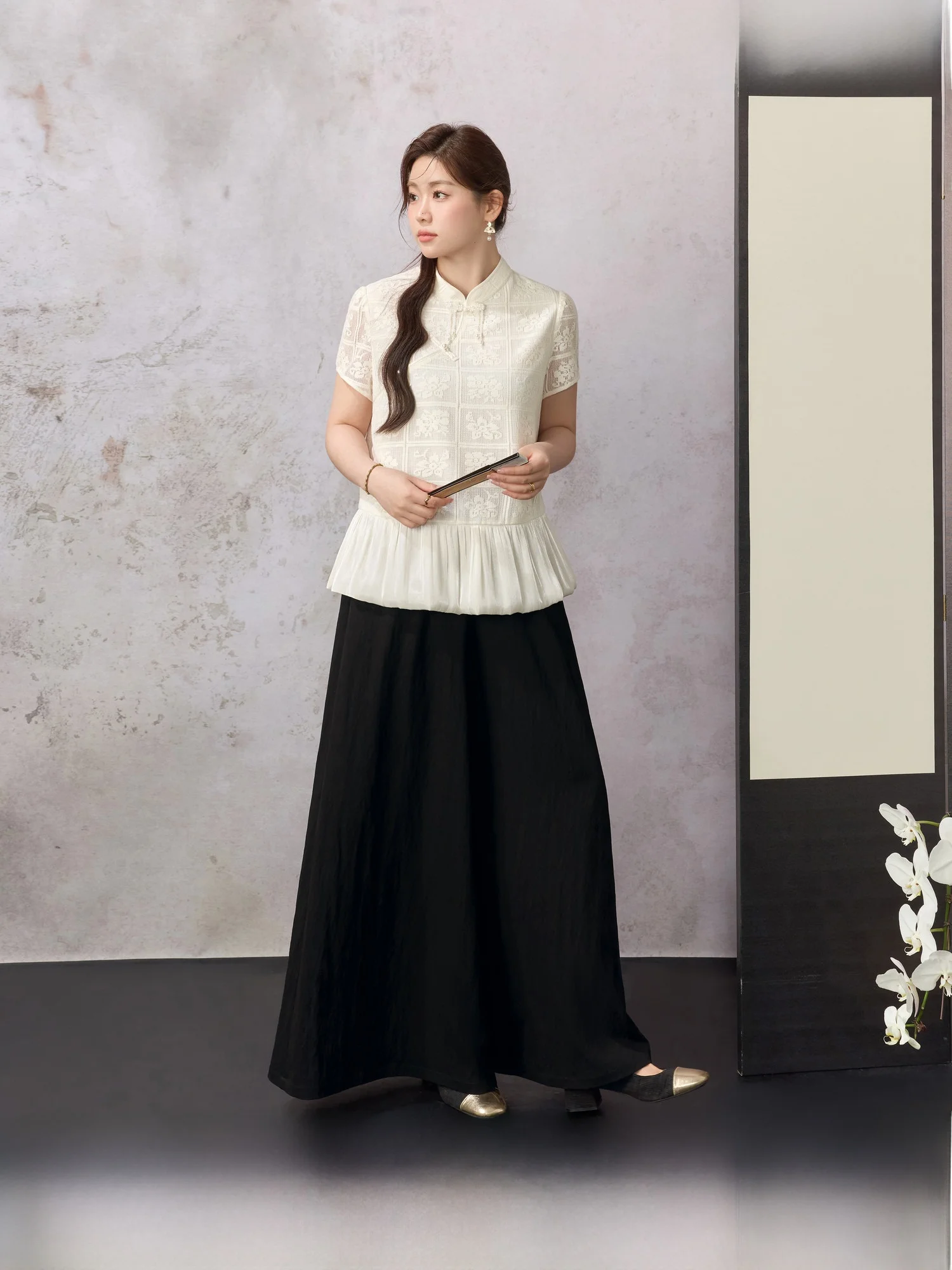 

Комплект из двух предметов: топ и юбка в китайском стиле с кружевом, для полных женщин, для коррекции фигуры...