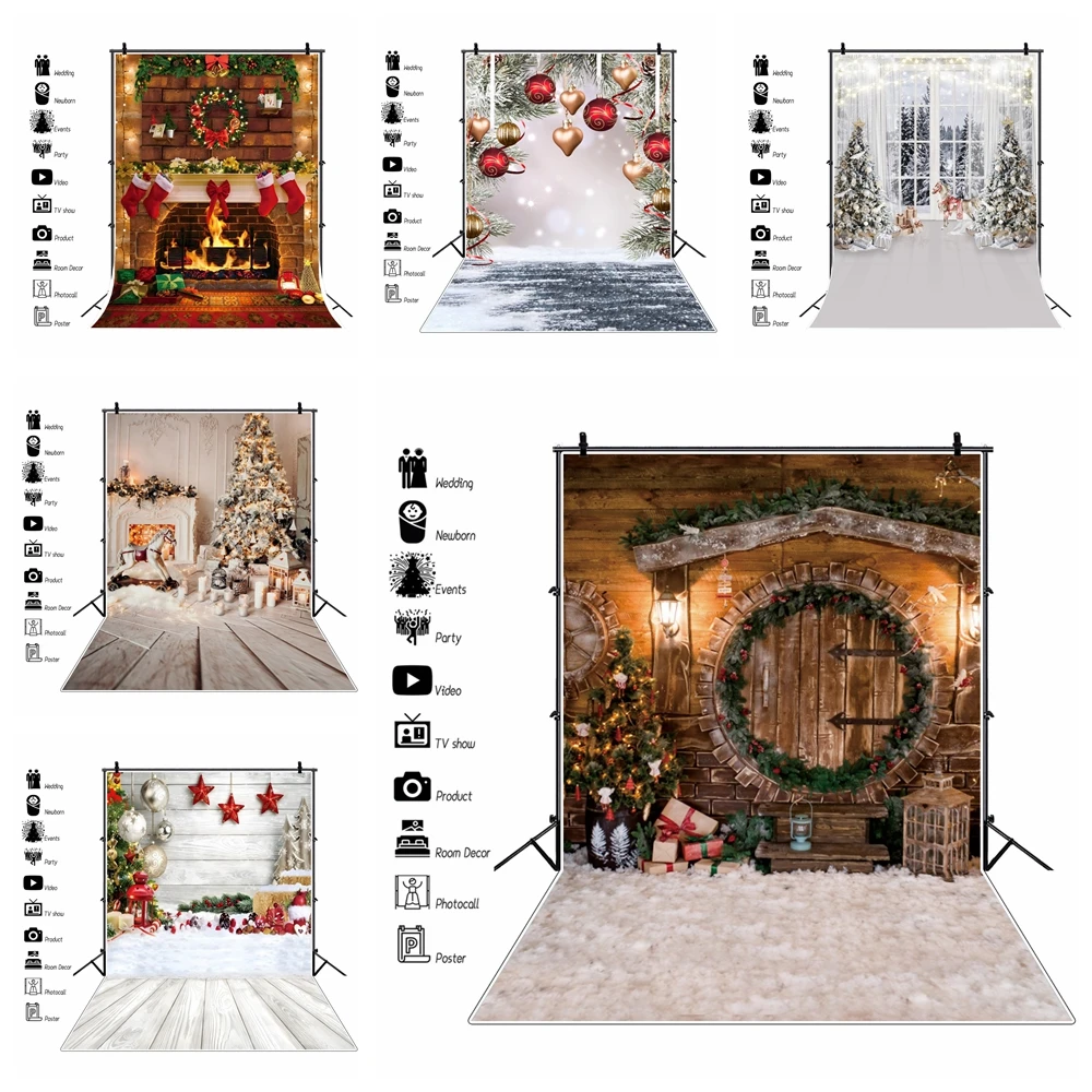

Christmas Backdrop for Photography 2023 Fireplace Xmas Tree Wood Floor Window Winter Baby Birthday Family Party Photo Background
