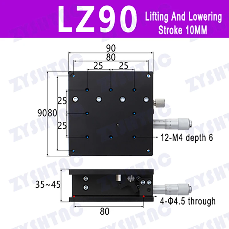 Z axis 90*90mm Displacement Lift Stage Manual fine tuning platform Cross rail Sliding Table 90*90mm LZ90 Z90
