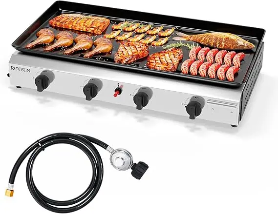 4 Burner Portable Propane Griddle with Nonstick Enameled Tray, 40,000 BTU Tabletop Flat Top Gas Grill with Electronic Ign