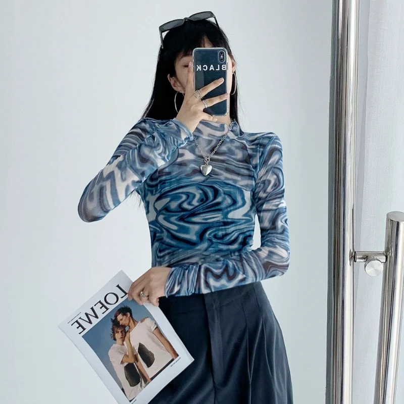 เสื้อยืดผู้หญิงคอเต่าวินเทจเชียร์ฮอตสลิมกันแดดแขนยาวแฟชั่นสไตล์อเมริกันสตรีทแวร์ออลแมตช์ อิน