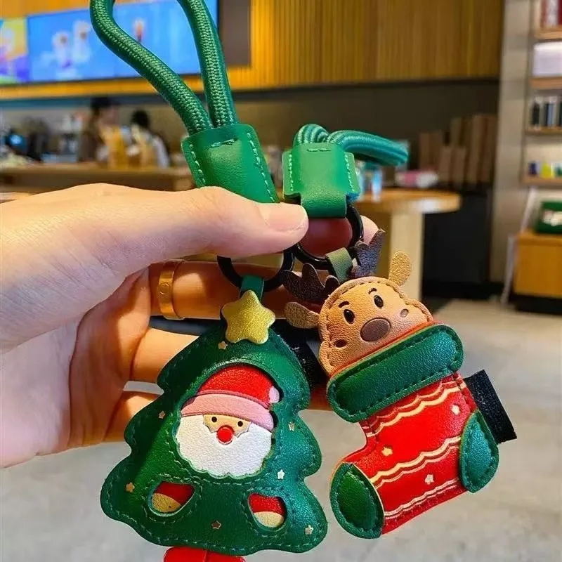 

For Car Leather Christmas Series Keychain Cute Cartoon Leather Bag Charm Small Christmas Gift For Women