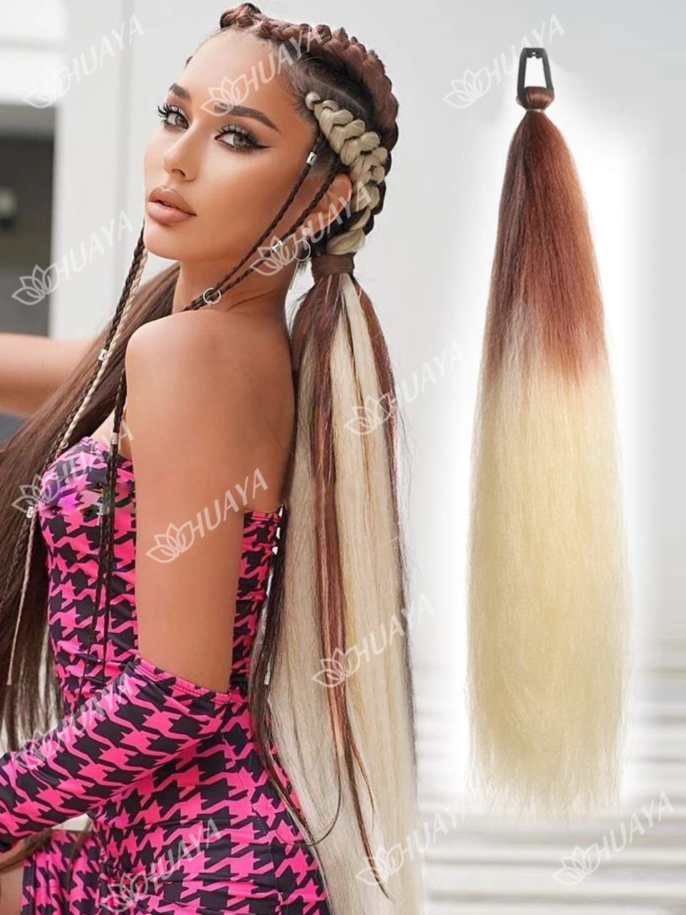 Synthetic 24Inch Gradient Color Braided Ponytail Elastic Rubber Band Braiding Pony Tail Hair Extensions For Women Girls