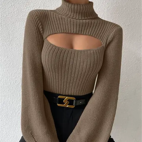 Autumn and Winter Sweater Sexy Loose Versatile High Neck Hollow Breast Leakage Sweater Women