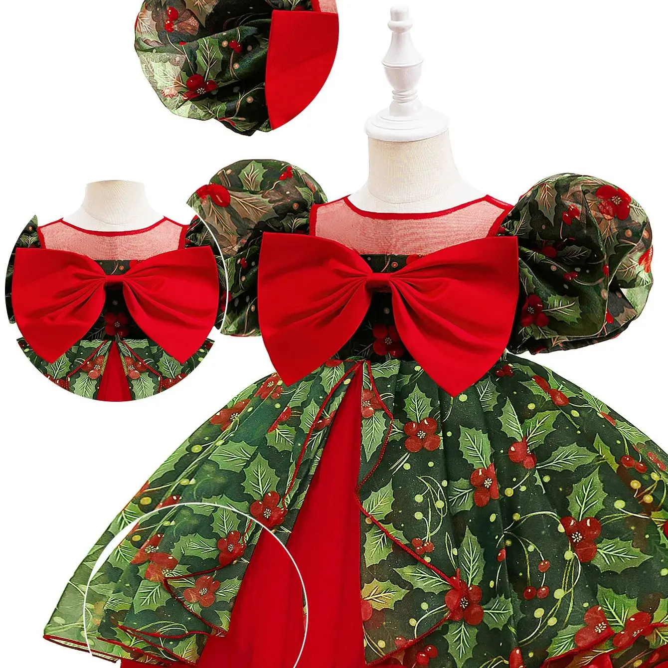 Vintage Girls Green Elf Christmas Dress Floral Big Bow Puffy Dresses For Children Stage Performance Festival Xmas Party Costume