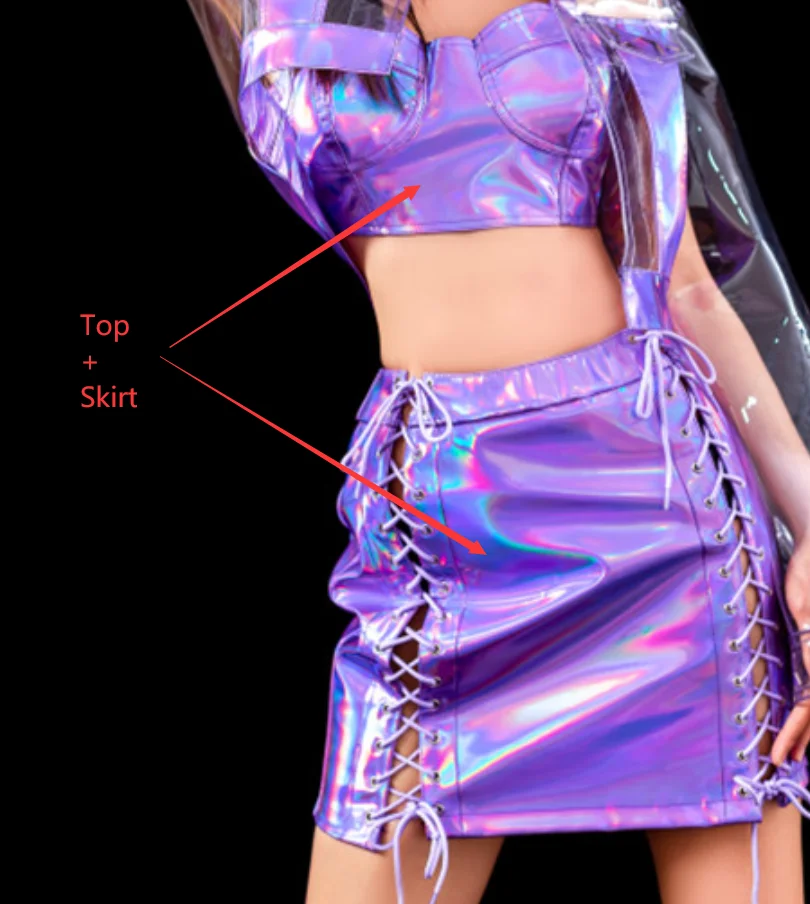 Nightclub Sexy Jazz Dance Costume Purple Leather Tops Skirt See Through Hooded Coat Performance Outfit Team Rave Clothing Set