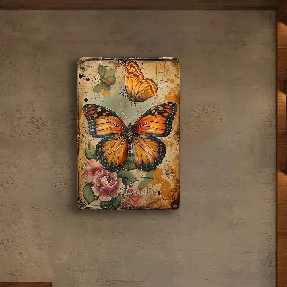 Plaque métallique en fer papillon et fleur, décoration murale durable, adaptée à la maison, au bureau, au magasin, à l'hôtel, au café, au bar, 1 pièce