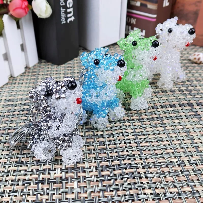 New Cute Little Schnauzer Dog Hand Knitting Beaded Key Chain Women Girls Crystal Healing Craft Collection 1PCS