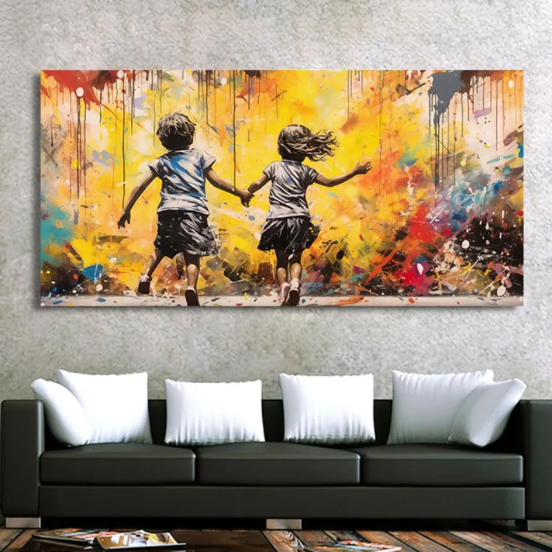 Banksy Graffiti Art Boy Girl Hold Hands Canvas Painting Poster Print Wall for Living Room Nursery Home Decoration Cuadros