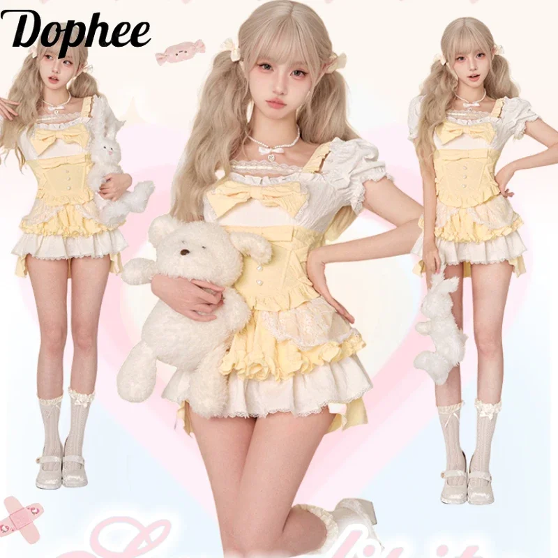 Dophee 2024 New Summer Sweet Girl Two-piece Set Yellow White Splicing Puff Short Sleeve Shirt Top + Elastic Waist Skirt Suits