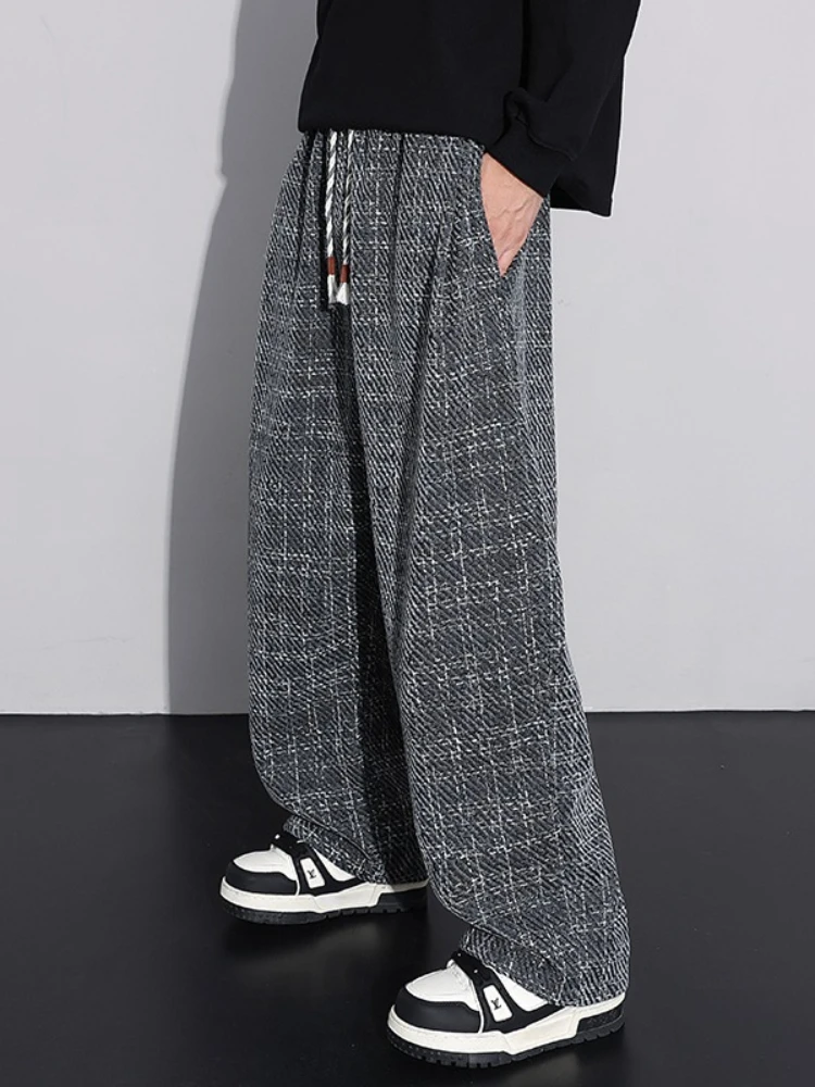 

Fashion Knitted Plaid Casual Pants Men's Straight Comfortable Drawstring Trousers Loose Wide Leg Pants Male Streetwear