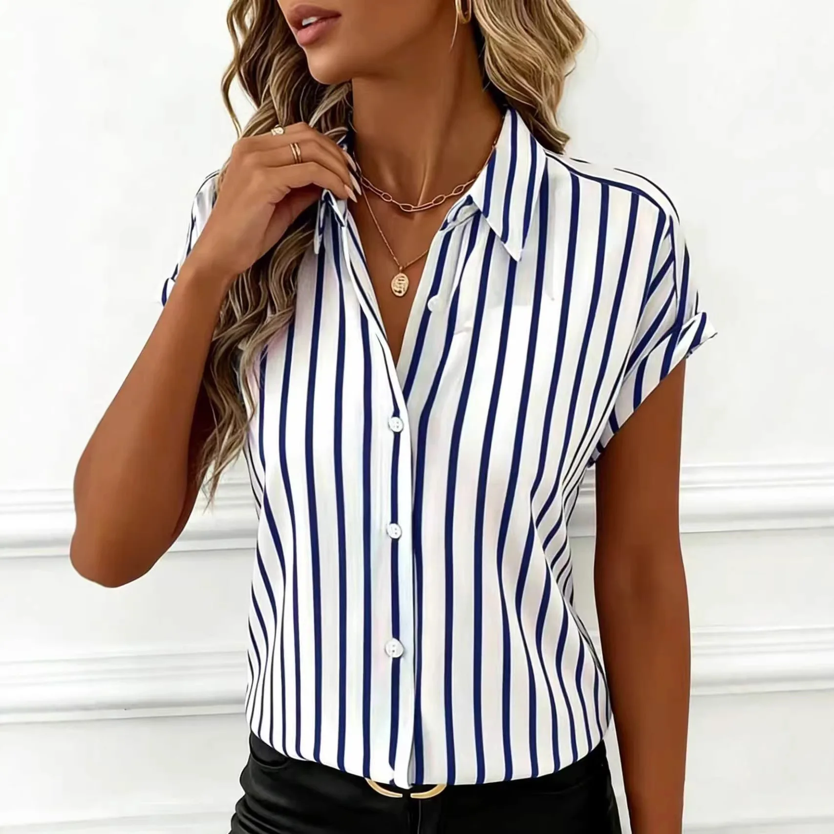 

Fashion Striped Print Drop Shoulder Short Sleeve Shirt Women's Lapel Button Blouse New Summer Casual Office Lady Shirts Tops