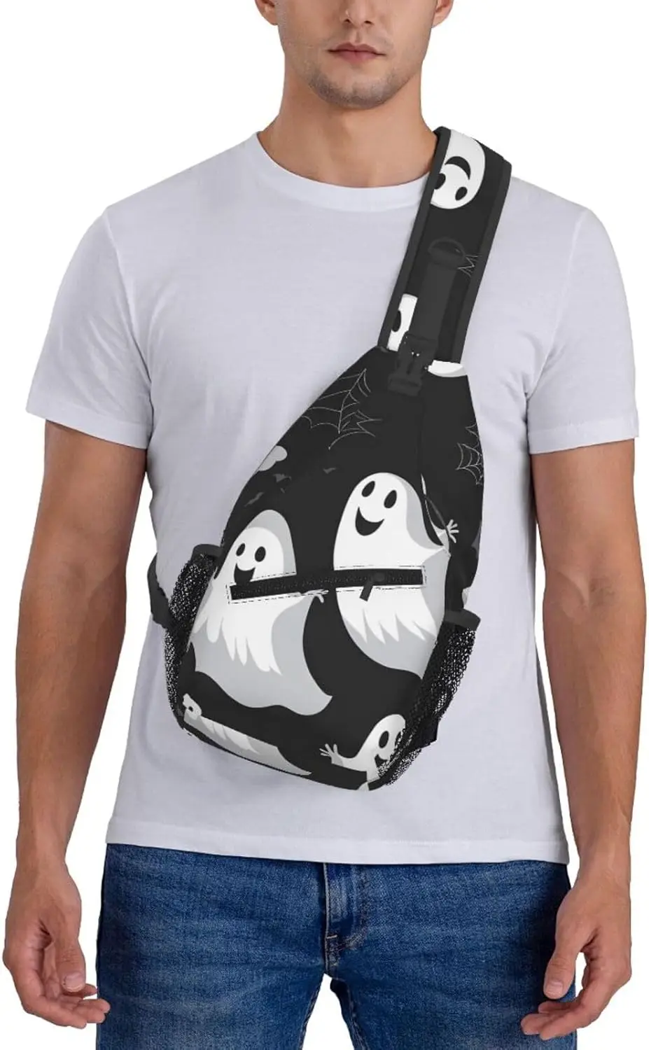 Cross-borsttas diagonaal - Kwaliteit, duurzame en ruime schoudertas voor mannen en vrouwen, zwarte en Halloween-spookprints