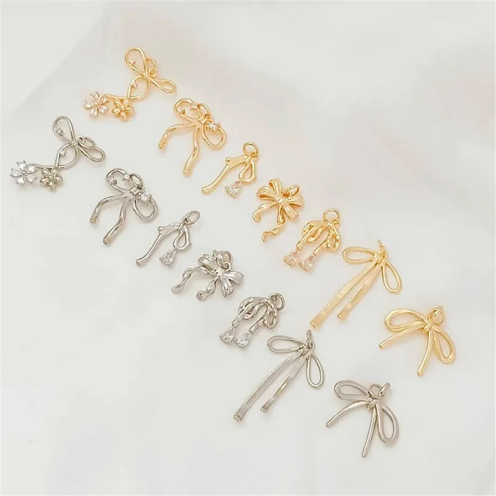 14K Copper Gold Plated Cute Ribbon Long Bow Pendant, DIY Earrings & Necklace Pendant Accessories