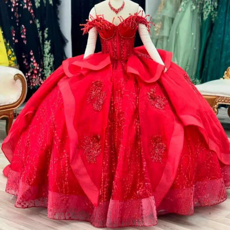 

Glitter Red Quinceanera Dresses Ball Gown Off The Shoulder Applique Lace Beaded Crystal Tull Corset Sweet 16 Vestidos De 15 Años