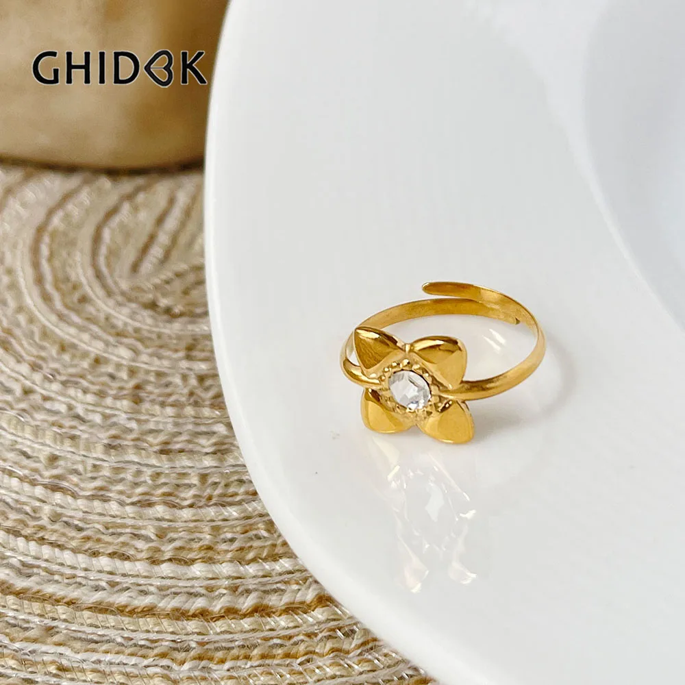 GHIDBK Stainless Steel Dainty Clear Rhinestone Gold Plated Flower Floral Rings Adjustable Women Boho Jewelry Anillos Stacking