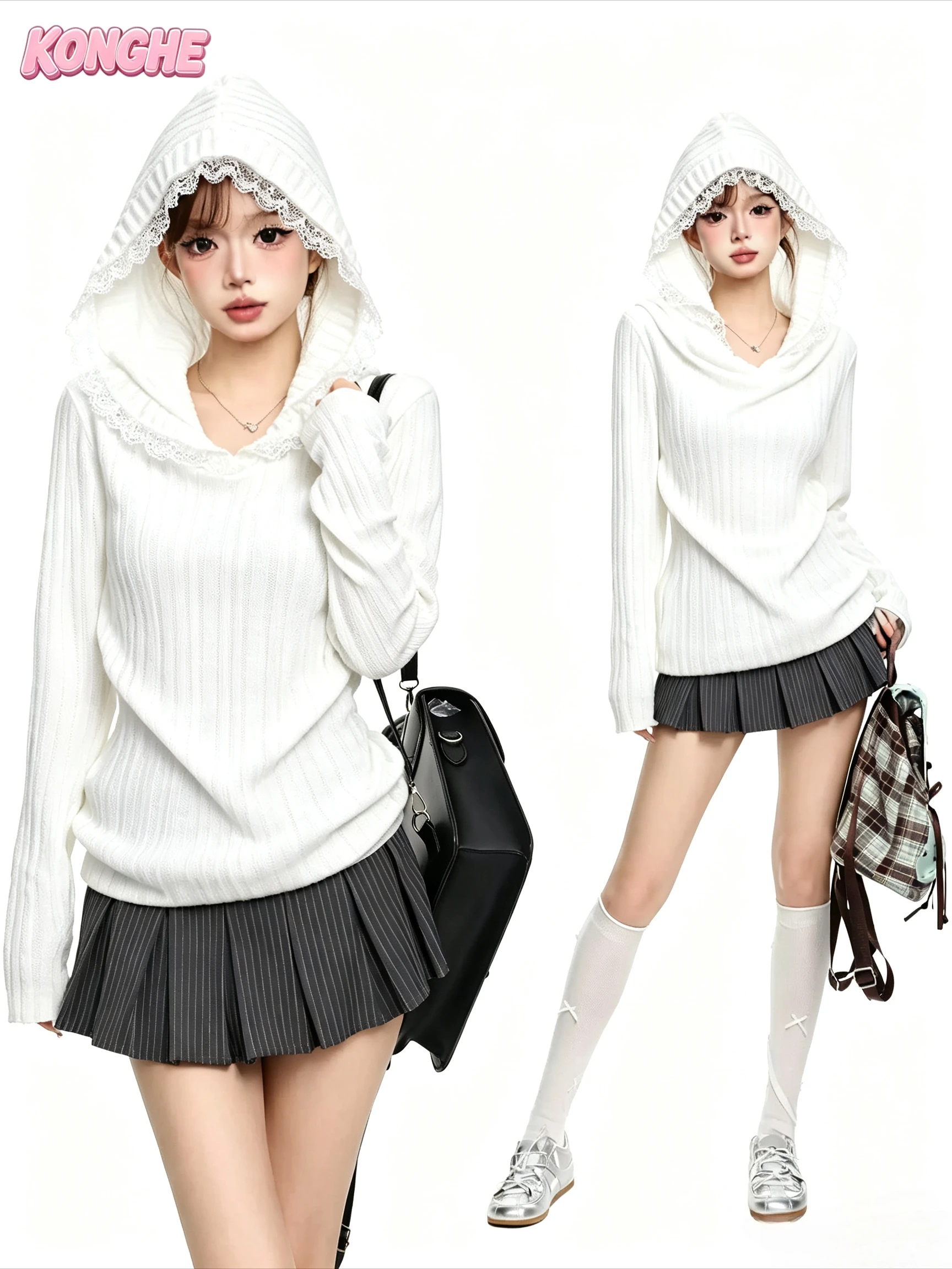 Y2K Aesthetic Sweet Elegant Knitted Sweater Ladies Harajuku Subculture Long Sleeve Hooded Pullover Casual Daily Wear