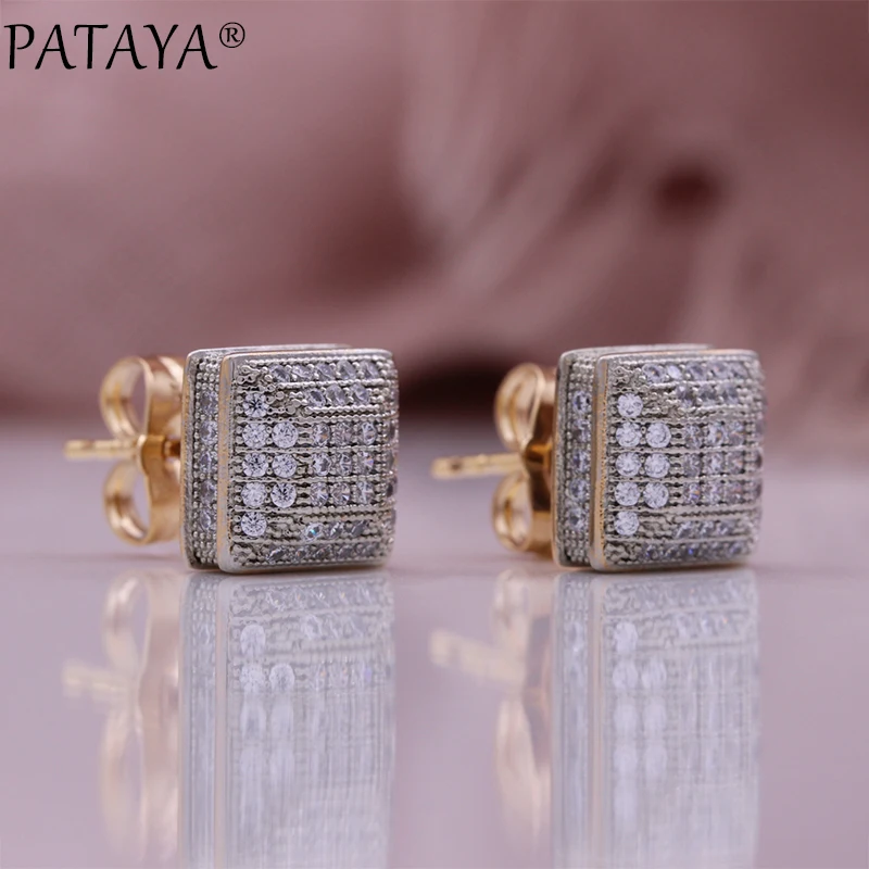 PATAYA New 585 Rose Gold Color Earrings For Women Girl Fashion Geometric Natural Zircon Ear studs High Quality Daily Jewelry