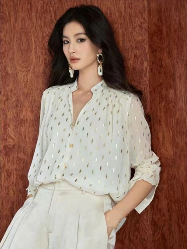 

2026 Spring Autumn Casual Chiffon Women's Shirt Fashion Printed Stand Collar Loose Fit Versatile New Arrival​ Blouse