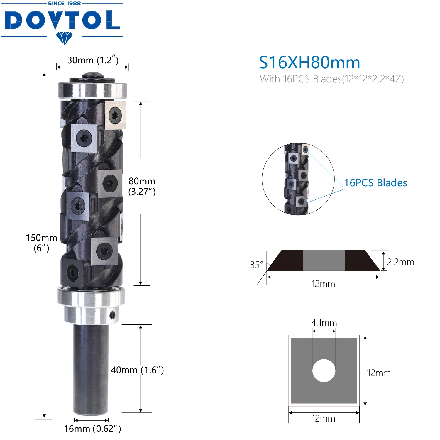 CNC 80mm Cut Length Spiral Trimming End Mill Vertical 16mm Shank Flush Trim Router Bit with 12x12x2.2mm Carbide Inserts