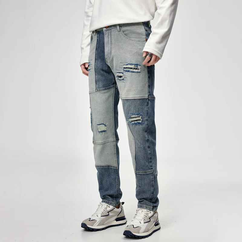 Ripped Men's Patch Beggar Jeans Pants Spliced Hip Hop Slim Straight Cotton Denim Trousers Fashion Streetwear High Quality
