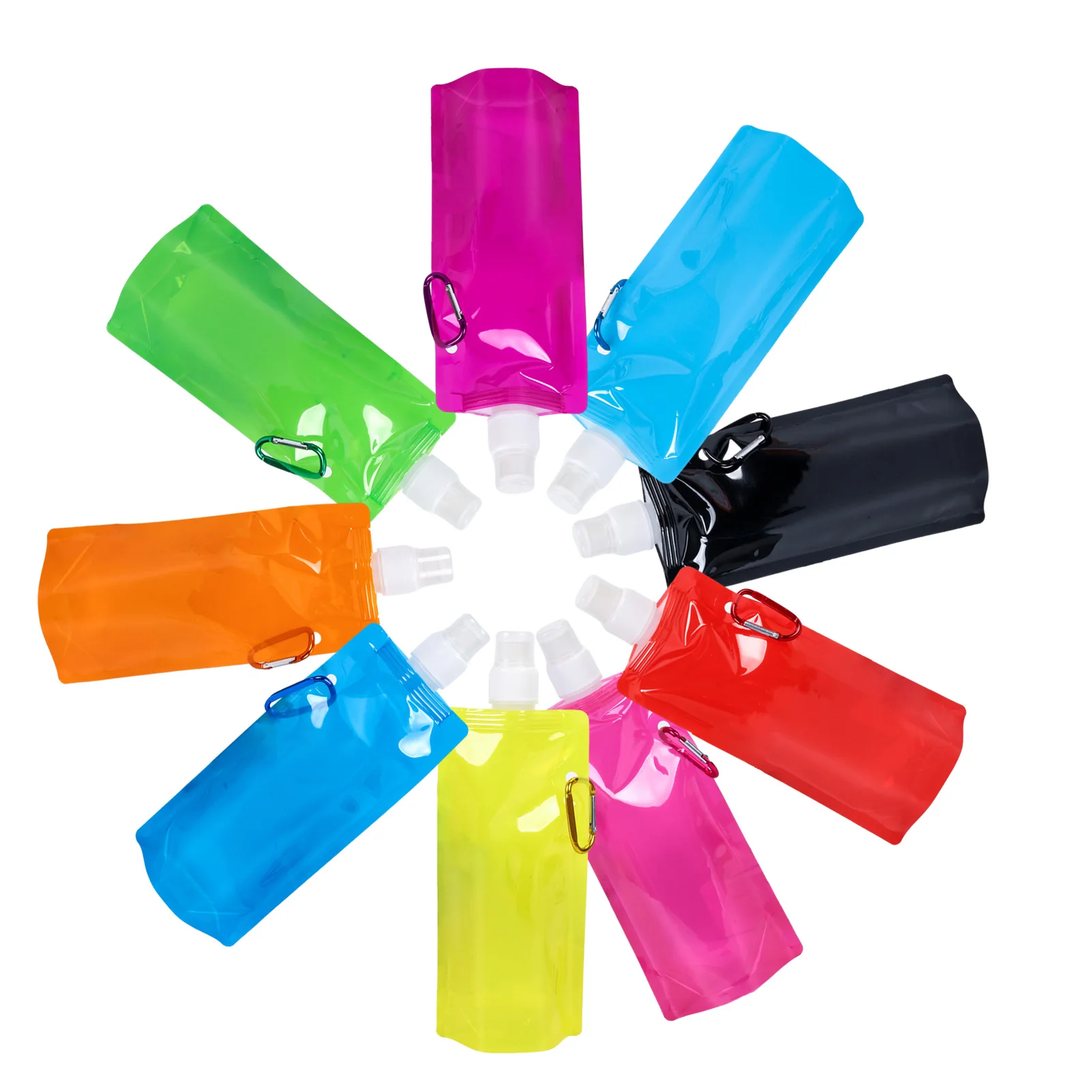 

9Pcs Collapsible Water Bottle & Blank Labels Set Portable Foldable 480ml Water Bags With Carabiner Clip 9 Colors For Gym Teams