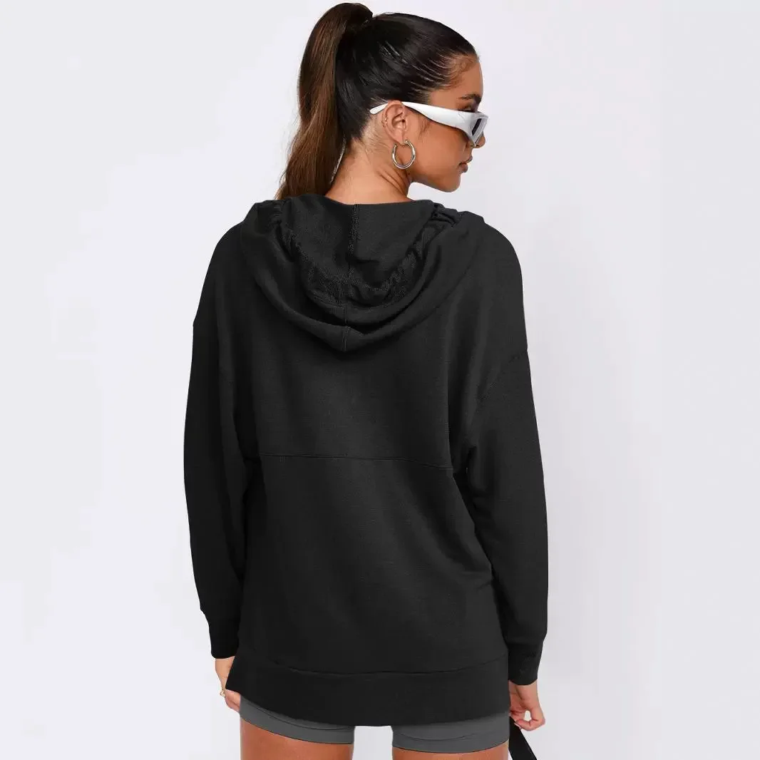 2025ฤดูใบไม้ผลิฤดูใบไม้ร่วงใหม่ผู้หญิงHoodiesหญิงVคอสีทึบHooded Drawstring Pullovers Lady's Oversizeเสื้อกันหนาว