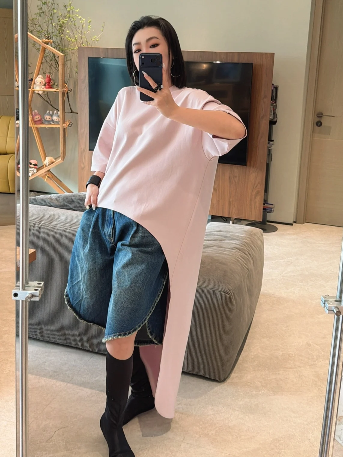 

Women's Casual Loose Airy Cotton T-shirt Pink Asymmetrical Hem Breathable Comfortable Fashionable Summer Mid-Length Sleeve